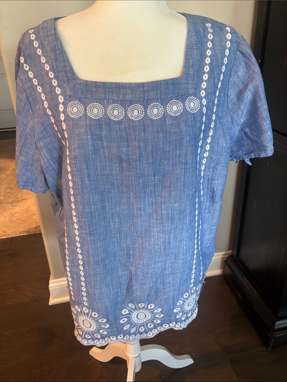 Light Blue Embroidered Square-Neck Tunic